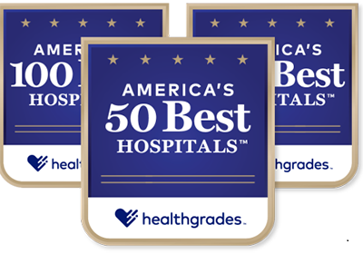 Three awards from Healthgrades, with America's 50 Best Hospitals featured in the front