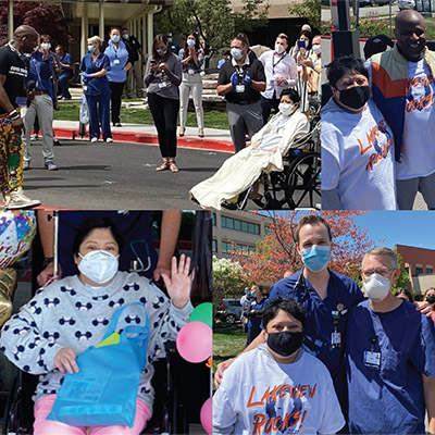 In a three paneled photo collage, Ana Lucio exits the hospital amongst onlookers in a wheel chair, in the below left frame, Lucio waves from her wheelchair, below right, Lucio poses with hospital staff while seated in a wheelchair