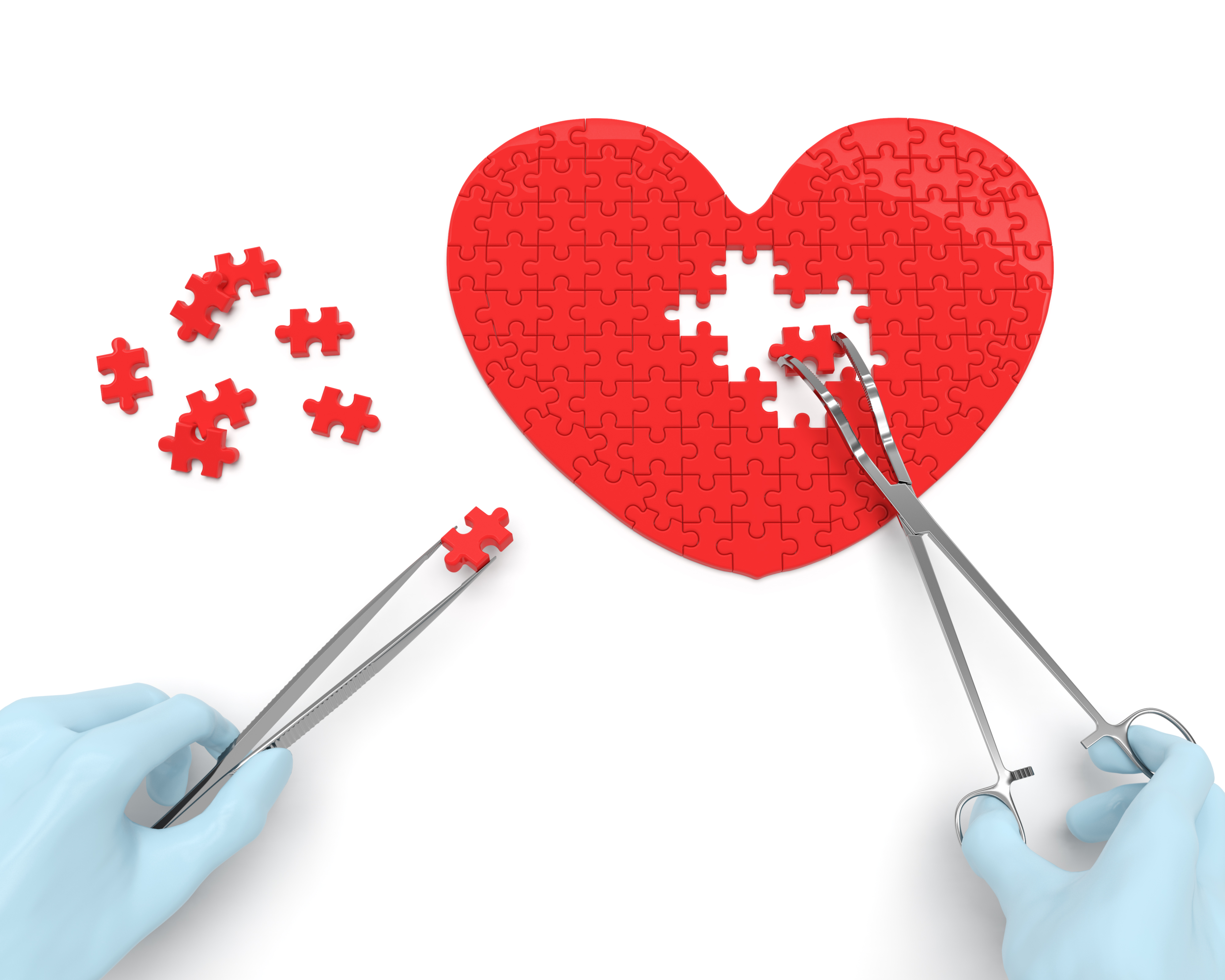 Hands in surgical gloves, using surgery tools, put the final pieces in a puzzle shaped like a red heart.