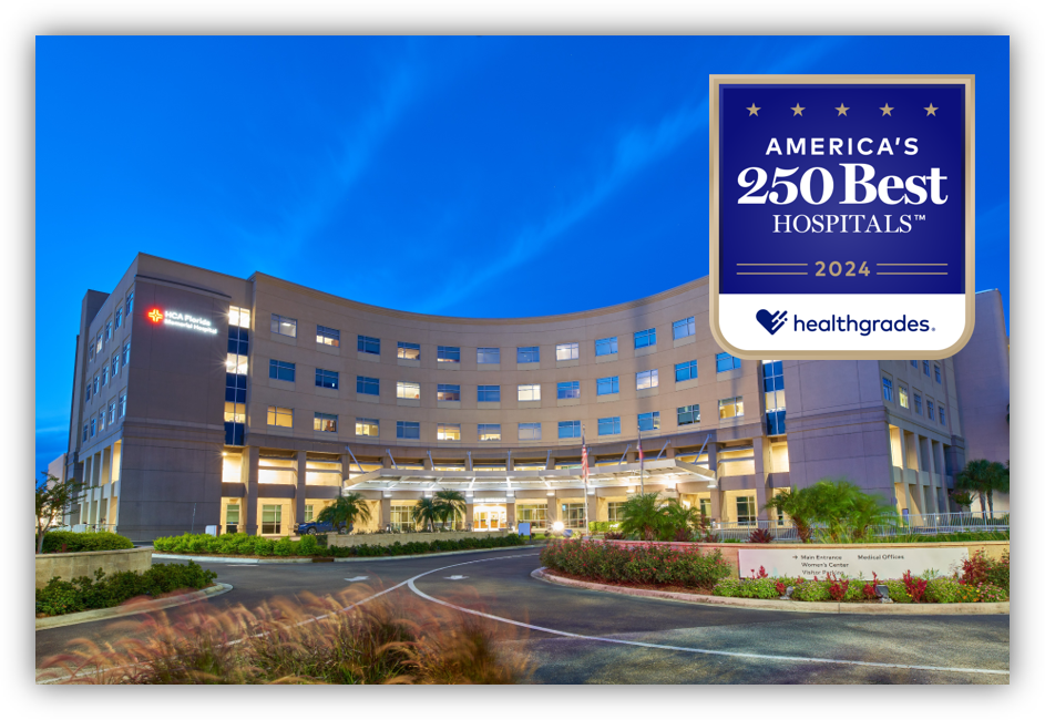 Exterior of HCA Florida Memorial Hospital  with Healthgrades America's 250 Best Hospitals 2024 award.