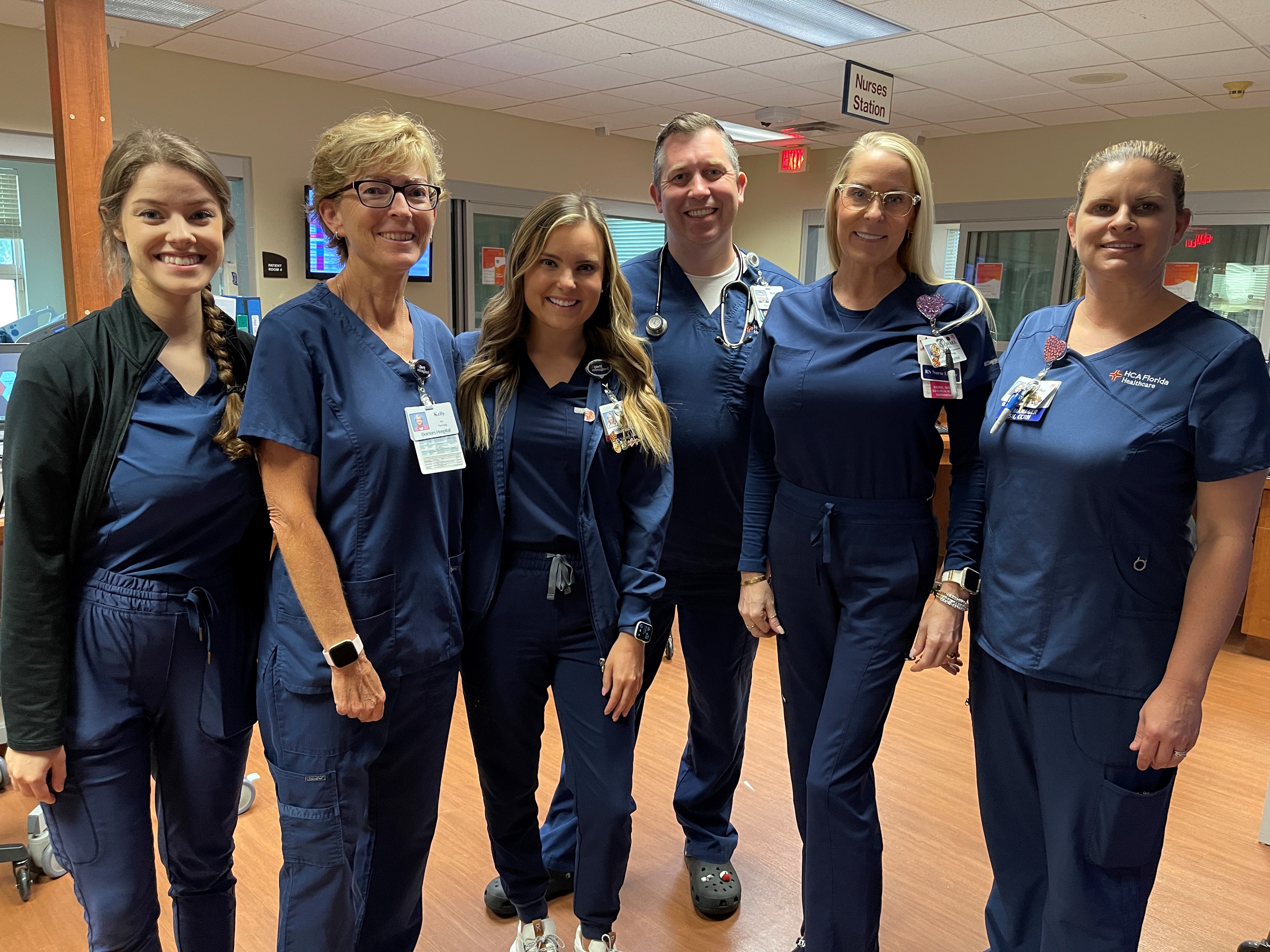 HCA Florida Raulerson Hospital - Registered Nurses Tess, Kathryn and Dee  are modeling the new uniform color for our Medical /Surgical nursing team!  These blue scrubs will unite our ICU, ER and