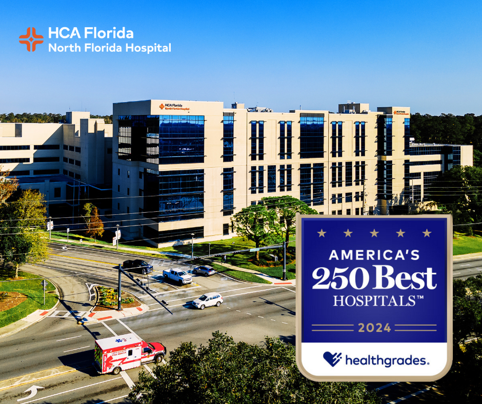 Aerial daytime photo of HCA Florida North Florida Hospital with Healthgrades 2024 America's 250 Best Hospitals award overlaid