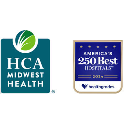 HCA Midwest Health logo and the "America's 250 Best Hospitals" Healthgrades 2024 logo.