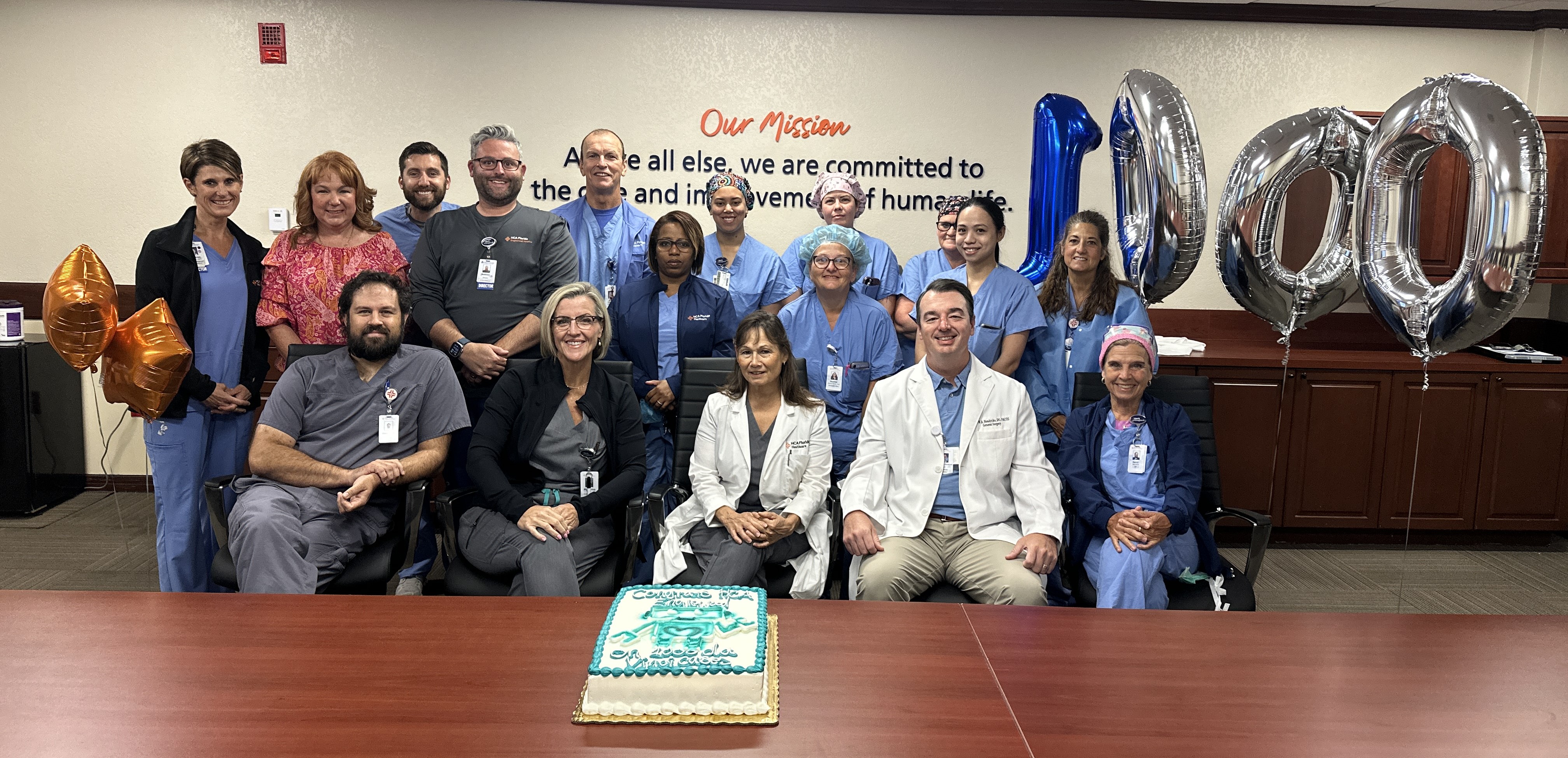 General Surgeons Shea Jones, DO, Pamela McCloskey, DO, Tammy Birbeck, DO, Wesley Hendricks, DO and the surgery team celebrated the 1000th robotic surgery case at HCA Florida Englewood Hospital.