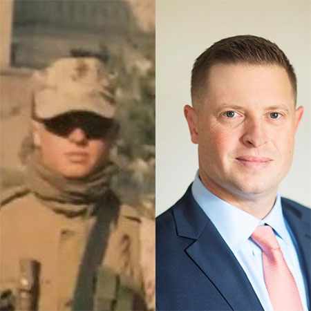 Side-by-side photos of Taylor Flowers: One in a military uniform, one in a suit.